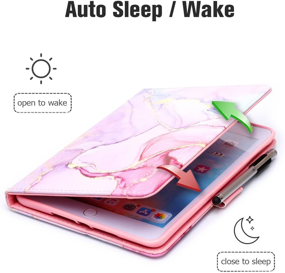 Ipad Mini 5 Case Mini 4 Mini 3 2 Cover,  Smart Wake Sleep Flip Stand Case Soft PU Leather Protective Case with Card Slot Pen Holder for Apple Ipad Mini 1 2 3 4 5 - Pink Marble