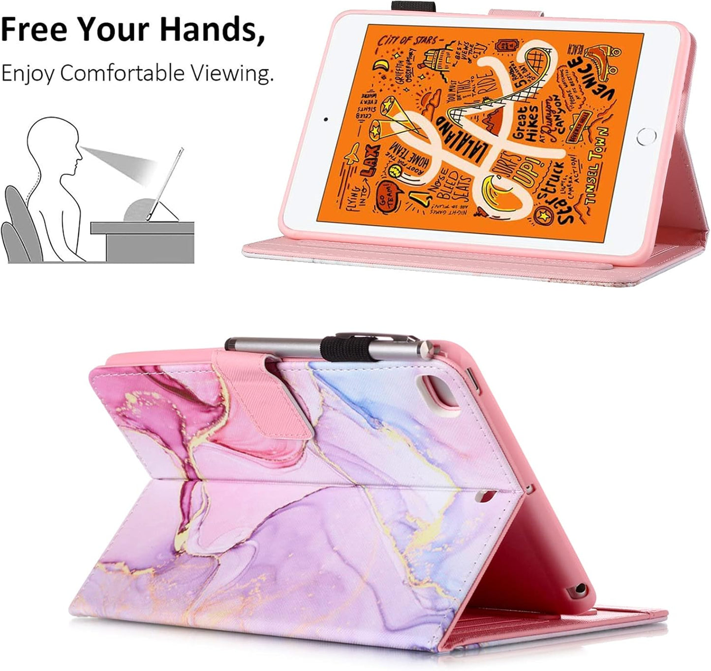 Ipad Mini 5 Case Mini 4 Mini 3 2 Cover,  Smart Wake Sleep Flip Stand Case Soft PU Leather Protective Case with Card Slot Pen Holder for Apple Ipad Mini 1 2 3 4 5 - Pink Marble