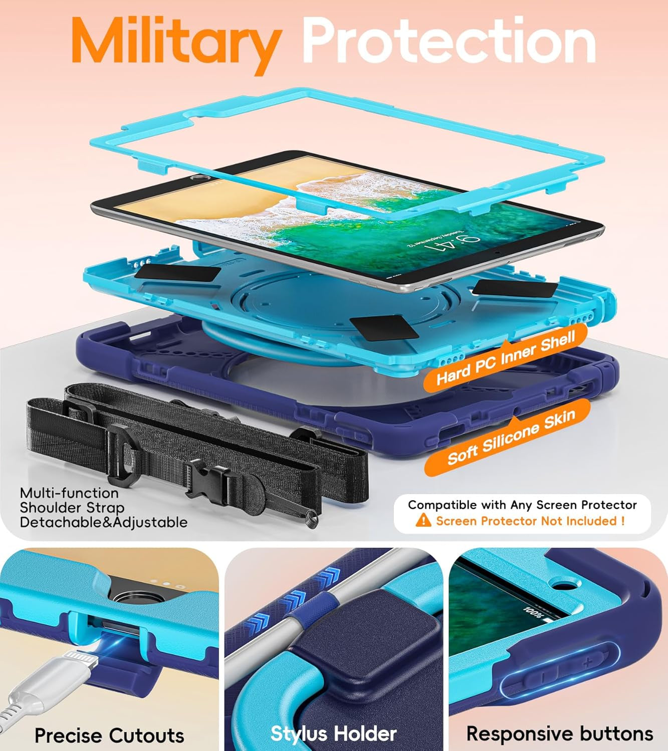 Ipad Pro 10.5 Case 2017 Released/Ipad Air 3Rd Generation Case 2019 Release; Rugged Heavy Duty Protective Cover with Pencil Holder, 360° Swivel Stand, Shoulder Strap; for Kids (Navy Blue+Blue)