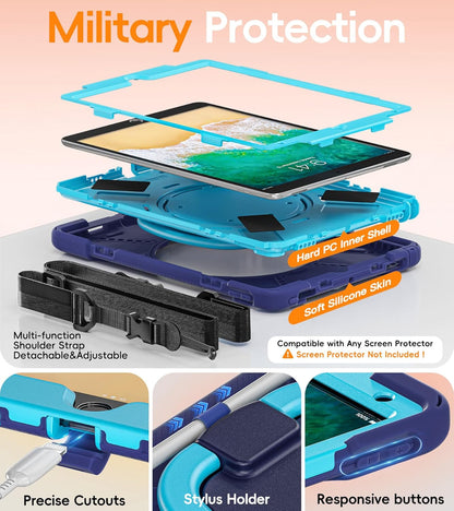 Ipad Pro 10.5 Case 2017 Released/Ipad Air 3Rd Generation Case 2019 Release; Rugged Heavy Duty Protective Cover with Pencil Holder, 360° Swivel Stand, Shoulder Strap; for Kids (Navy Blue+Blue)